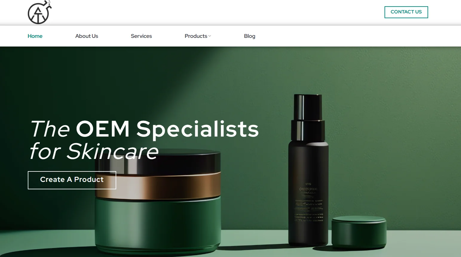 Skincare product bottles displayed against a green background with text 'The OEM Specialists for Skincare' and a 'Create A Product' button.